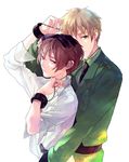  arm_up axis_powers_hetalia bdsm belt blonde_hair bondage bound brown_eyes brown_hair chain cuffs dress_shirt georges_meunier gloves green_eyes handcuffs hands hug hug_from_behind jacket japan_(hetalia) male_focus multiple_boys necktie shirt simple_background united_kingdom_(hetalia) yaoi 