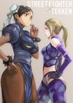  bad_id bad_pixiv_id blonde_hair bracelet brown_hair bun_cover china_dress chinese_clothes chun-li copyright_name crossover double_bun dress earrings elbow_gloves face gloves jewelry multiple_girls nina_williams pantyhose pelvic_curtain ponytail sash spiked_bracelet spikes street_fighter street_fighter_x_tekken tea_(nakenashi) tekken 