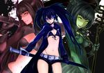  absurdres bad_id bad_pixiv_id belt bikini_top black_gold_saw black_hair black_rock_shooter black_rock_shooter_(character) blue_eyes burning_eye coat colored_eyelashes dead_master gloves green_eyes highres horns long_hair midriff multiple_girls navel red_eyes roku_(hikokeng) scar scythe shorts smile star sword twintails uneven_twintails weapon 