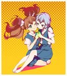  2girls alternate_hairstyle ayanami_rei bad_id bad_pixiv_id blue_eyes blue_hair cheek-to-cheek holding_hands multiple_girls neon_genesis_evangelion one_eye_closed orange_hair red_eyes school_uniform sitting sitting_on_lap sitting_on_person souryuu_asuka_langley twintails younger yuri 