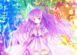  bad_id bad_pixiv_id crescent crescent_hair_ornament crystal hair_ornament hair_ribbon patchouli_knowledge purple_eyes purple_hair rainbow_background ribbon solo thighhighs touhou yuuha_(makara) zettai_ryouiki 