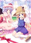  :d bat_wings blue_eyes curtains embarrassed eyes flower hat hinooka_shuuji jitome kneehighs lavender_hair looking_at_viewer moriya_suwako multiple_girls open_mouth oversized_clothes pink_flower pink_rose red_eyes remilia_scarlet rose short_hair smile socks touhou window wings 