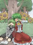  against_tree antennae ascot belt blush book cape caught flower green_hair kazami_yuuka kujira_lorant looking_at_viewer multiple_girls nature open_mouth plaid plaid_skirt plaid_vest red_eyes short_hair shorts sitting skirt skirt_set sleeping sunflower surprised touhou tree vest wriggle_nightbug 