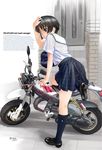  bag black_eyes black_hair blush door ground_vehicle hair_ornament hairpin hand_on_own_head kneehighs leg_up legs loafers motor_vehicle motorcycle original plaid plaid_skirt retsumaru school_uniform serafuku shoes short_hair signature skirt socks solo 