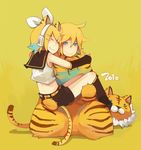  1girl 2010 animal_costume animal_ears animal_print blonde_hair blue_eyes bow brother_and_sister carrying cat_ears cat_tail glider_(artist) hair_bow headphones kagamine_len kagamine_rin princess_carry siblings tail tiger_costume tiger_print twins vocaloid 