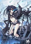  absurdres bad_id bad_pixiv_id belt bikini_top black_hair black_rock_shooter black_rock_shooter_(character) blue_eyes boots burning_eye chain coat highres long_hair midriff navel peach_(momozen) scar shorts solo sword twintails weapon 