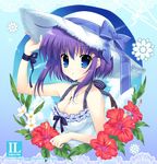  bad_id bad_pixiv_id bare_shoulders blue_eyes breasts cleavage flower hand_on_headwear hat hibiscus jewelry medium_breasts mitha necklace original pendant purple_hair ribbon short_hair solo sun_hat upper_body wrist_ribbon 
