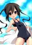  black_hair blush brown_eyes cloud day k-on! long_hair nakano_azusa one-piece_swimsuit open_mouth school_swimsuit solo sora_to_umi swimsuit towel twintails wet 