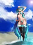  arm_up beach bikini day green_eyes green_hair hatsune_miku highres hips lens_flare long_hair side-tie_bikini solo striped striped_bikini striped_swimsuit sun swimsuit thighhighs twintails vocaloid waves zigemu 