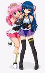  blue_eyes blue_hair boots corset elbow_gloves fingerless_gloves galaxy_angel gloves green_eyes highres holding_hands idol karasuma_chitose legs long_hair macla milfeulle_sakuraba multiple_girls pink_hair thigh_boots thighhighs 