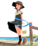  bad_id bad_pixiv_id bag brown_hair copyright_request dress dress_lift full_body grass hat mary_janes masao mountain ocean ribbon shoes short_hair socks solo standing tiptoes wind wind_lift yellow_eyes 
