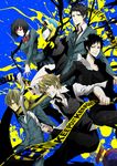  4boys bad_id bad_pixiv_id banned_artist black_hair blazer blonde_hair blue_eyes bodysuit bow bowtie caution_tape celty_sturluson durarara!! glasses heiwajima_shizuo helmet jacket kida_masaomi knife multiple_boys multiple_girls necktie orihara_izaya red_eyes ryuugamine_mikado s_tanly scarf school_uniform skirt sonohara_anri vest yellow_eyes 