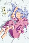  absurdres barefoot bed_sheet blue_hair cat closed_eyes highres index kawamura_takayasu long_hair lying non-web_source nyantype official_art on_side pajamas sleeping sleeves_rolled_up solo sphinx_(index) to_aru_majutsu_no_index 