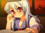  adaajt adjusting_eyewear bespectacled blush glasses grey_hair kamishirasawa_keine long_hair looking_at_viewer red_eyes solo touhou 