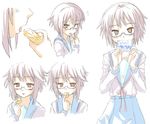  1girl brown_eyes eating glasses kita_high_school_uniform kozou_(rifa) multiple_views nagato_yuki purple_hair school_uniform serafuku short_hair suzumiya_haruhi_no_shoushitsu suzumiya_haruhi_no_yuuutsu 