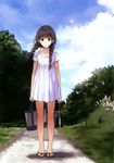  absurdres bag braid brown_eyes brown_hair child cloud day dress hair_over_shoulder highres kishida_mel legs looking_at_viewer original sandals solo twin_braids 