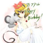  animal_ears bad_id bad_pixiv_id blonde_hair bridal_veil bride dress elbow_gloves gloves grey_hair hair_ornament happy_birthday mouse_ears mouse_tail multiple_girls nawo_(peace) nazrin red_eyes short_hair tail toramaru_shou touhou veil wedding_dress yellow_eyes 