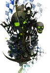  black_dress black_hair black_rock_shooter curly_hair dead_master dress green_eyes highres horns long_hair scythe skull solo susu 