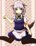  animal_ears blue_eyes braid dog_ears dog_tail fang izayoi_sakuya kemonomimi_mode kohaku. maid pantyhose paw_pose polka_dot polka_dot_background short_hair silver_hair sitting solo tail touhou twin_braids wariza 