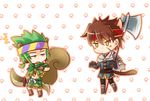  2boys animal_ears axe belt brown_hair cape carine cat_ears cat_tail chibi d: earrings elk_(ys) geis_(ys) gloves green_hair halberd headband jacket jewelry multiple_boys necklace open_mouth polearm poncho ponytail shirtless simple_background squirrel_ears squirrel_tail stalking surprised sword tail weapon yellow_eyes ys ys_seven 