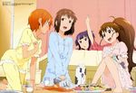  absurdres ahoge arm_up barefoot bed brown_eyes brown_hair drink food highres inami_mahiru long_hair long_legs magazine megami milk multiple_girls non-web_source official_art open_mouth orange_hair pajamas ponytail purple_eyes purple_hair short_hair takanashi_nazuna taneshima_popura tsuchiya_yuuta very_long_hair working!! yamada_aoi 