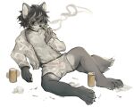  2020 4_toes anthro balls barefoot beverage_can black_hair bulge canid canine cigarette cigarette_smoke claws clothed clothing countershading eyewear feet fur genitals glasses grey_body grey_fur hair hi_res holding_cigarette holding_object jacket kemono kiyosan male mammal nipples open_clothing open_jacket open_topwear paws penis simple_background smoke smoking solo toe_claws toes topwear translucent translucent_clothing translucent_underwear underwear white_background white_clothing white_jacket white_topwear white_underwear 