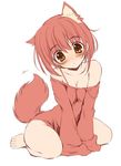  animal_ears arm_support bare_shoulders blush bottomless brown_eyes cat_ears dog_ears head_tilt kikurage_(plastic_people) kneeling long_sleeves looking_at_viewer monochrome original red red_hair short_hair simple_background sitting sleeves_past_wrists solo staring strap_slip tail wariza white_background wide-eyed 