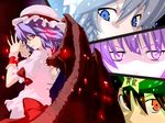  back_cutout bangs bat_wings beret blue_eyes blue_hair bow braid brown_hair cowboy_shot expressionless face fingernails frilled_cuffs frilled_shirt frills frown glowing grey_hair hair_between_eyes half-closed_eyes hands_up hat hat_ribbon highres hong_meiling izayoi_sakuya lavender_eyes lavender_hair light_particles long_fingernails looking_at_viewer looking_back maid_headdress mob_cap morino_hon multiple_girls nail_polish orange_eyes outstretched_hand parted_lips patchouli_knowledge pink_shirt profile puffy_short_sleeves puffy_sleeves purple_eyes red_bow red_eyes red_nails red_ribbon remilia_scarlet ribbon sash shiny shiny_skin shirt short_hair short_sleeves shoulder_blades single_braid skirt skirt_set slit_pupils sparks star touhou veins wings wrist_cuffs 