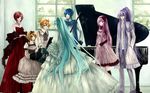  4girls blonde_hair blue_eyes blue_hair blue_scarf dress formal frills grand_piano hair_ribbon hatsune_miku instrument kagamine_len kagamine_rin kaito kamui_gakupo katari_biumi long_hair megurine_luka meiko multiple_boys multiple_girls piano pink_hair ponytail purple_hair red_dress ribbon scarf short_hair twintails vocaloid wallpaper white_dress 