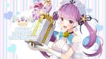  1girl blush box gift gift_box gloves happy_birthday long_hair maid_headdress matsui_hiroaki minato_aqua open_mouth purple_eyes purple_hair smile solo twintails virtual_youtuber white_gloves 