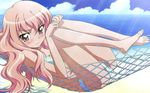  ass bangs barefoot beach bikini blush cloud day embarrassed feet flat_chest hair_between_eyes hammock highres iwakura_kazunori knees_on_chest leg_hug legs legs_up light_rays long_hair looking_at_viewer louise_francoise_le_blanc_de_la_valliere lying megami non-web_source ocean official_art on_back outdoors pink_eyes pink_hair profile shadow sidelocks sky smile solo sunbeam sunlight swimsuit tree wallpaper water wavy_hair widescreen zero_no_tsukaima 