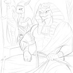  2017 5_fingers abs amun_(girokett) anthro clothing egyptian_clothing fingers girokett greyscale group hi_res horn lizard male monochrome nipples reptile scalie signature sitting sketch standing 