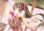  brown_eyes brown_hair copyright_request gift highres holding holding_gift long_hair orange_scarf ponytail poporucha scan scarf solo 