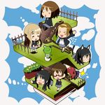  6+girls akiyama_mio bad_id bad_pixiv_id chibi frog garden hajime_(hajime-ill-1st) hirasawa_yui k-on! kotobuki_tsumugi manabe_nodoka mask multiple_girls nakano_azusa school_uniform stairs tainaka_ritsu yamanaka_sawako 