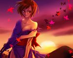  bad_id bad_pixiv_id blood breasts brown_eyes brown_hair cleavage japanese_clothes kimono large_breasts meiko off_shoulder ren_lowol short_hair solo sunset torn_clothes vocaloid 