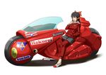  akira alternate_costume black_hair blush bow brown_eyes candy contemporary food ground_vehicle hair_bow hair_tubes hakurei_reimu hand_in_pocket hood hoodie jacket kourogi lollipop motor_vehicle motorcycle parody red ribbon sitting skirt solo touhou triforce yin_yang 