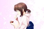  alternate_hairstyle brown_eyes brown_hair food haagen-dazs highres ice_cream japanese_clothes kara_no_kyoukai kimono ryougi_shiki solo tsukumo 