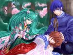  2girls bad_id bad_pixiv_id blue_hair brown_hair cherry_blossoms covering_with_blanket embellished_costume green_hair hair_ornament hatsune_miku japanese_clothes kaito kimono meiko multiple_girls nail_polish short_hair sleeping tonyo_(milky_crown) tree twintails vocaloid 