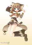  animal_ears bell blue_eyes breasts brown_hair cat_ears fang fantasy_earth_zero jingle_bell kneehighs komone_ushio midriff navel short_hair small_breasts socks solo underboob 