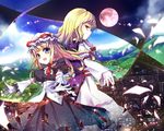  age_difference back-to-back blonde_hair blue_eyes choker city cityscape detached_sleeves dual_persona gap gloves hands highres landscape long_hair maribel_hearn moon multiple_girls nature no_hat no_headwear open_mouth outstretched_arms outstretched_hand ribbon sho_(runatic_moon) smile spread_arms touhou white_gloves yakumo_yukari yellow_eyes 