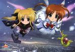  absurdres bardiche blonde_hair brown_hair city cloud fate_testarossa flying highres kinako_hiro left-handed long_hair lyrical_nanoha mahou_shoujo_lyrical_nanoha mahou_shoujo_lyrical_nanoha_a's mahou_shoujo_lyrical_nanoha_a's_portable:_the_battle_of_aces multiple_girls non-web_source official_art purple_eyes raising_heart red_eyes scan short_hair sky snow takamachi_nanoha thighhighs twintails winter 