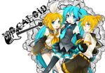  2girls amaya_enaka aqua_eyes aqua_hair bad_id bad_pixiv_id blonde_hair detached_sleeves hair_ornament hair_ribbon hairclip hatsune_miku headphones headset highres kagamine_len kagamine_rin long_hair multiple_girls necktie ribbon short_hair shorts skirt smile thighhighs twintails vocaloid zettai_ryouiki 