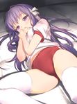  :o bangs belly_peek blush breasts buruma clannad cowboy_shot crotch double_vertical_stripe foreshortening from_above fujibayashi_kyou gym_storeroom gym_uniform hair_ribbon hair_spread_out hand_on_own_face hand_to_own_mouth hands_together indoors lace long_hair looking_at_viewer lying mat midriff on_side open_mouth puffy_short_sleeves puffy_sleeves purple_eyes purple_hair ribbon shadow short_sleeves skindentation small_breasts solo spread_legs thighhighs thighs uni very_long_hair white_legwear 