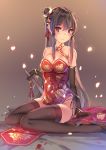  black_legwear blush breasts brown_hair china_dress chinese_clothes cleavage double_bun dress elbow_gloves fan folding_fan gloves highres long_hair looking_at_viewer medium_breasts panties red_eyes side-tie_panties sitting smile solo thighhighs underwear yumemi_(kiowa) 