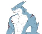  2018 abs anthro blue_body egan fish front_view girokett male marine muscular muscular_male nude scar shark simple_background smile solo standing white_background 