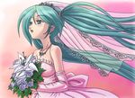  aqua_eyes aqua_hair bride dress hamoto hatsune_miku long_hair pink_wedding_dress solo twintails vocaloid wedding_dress 