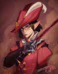  black_hair blue_eyes closed_mouth commission earrings elezen elf facing_viewer final_fantasy final_fantasy_xiv glasses gloves hat jewelry lips looking_to_the_side pointy_ears qt0ri red_background red_mage short_hair signature solo sword weapon zaprix 