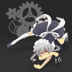  all_fours between_fingers braid gears izayoi_sakuya knife red_eyes ribbon silver_hair solo torque touhou 