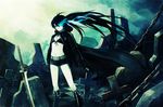  belt bikini_top black_hair black_rock_shooter black_rock_shooter_(character) blue_eyes boots burning_eye chain cross hironox jacket long_hair scar short_shorts shorts solo sword weapon 