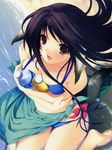  animal_ears aqua_sarong beach bikini black_hair bottle breasts c.c._lemon copyright_request day iizuki_tasuku long_hair medium_breasts pocari_sweat print_sarong sarong side-tie_bikini solo swimsuit tail water water_bottle 